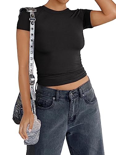 REORIA Women's Summer Casual Basic Mock Neck Short Sleeve Double Lined Going Out Trendy Y2K T Shirts Crop Tops Black X-Large