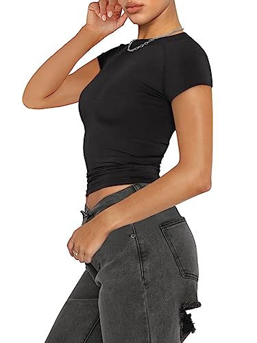 REORIA Women's Summer Casual Basic Mock Neck Short Sleeve Double Lined Going Out Trendy Y2K T Shirts Crop Tops Black X-Large