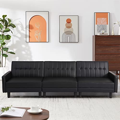 IPKIG 106" Futon Sofa Bed, Convertible Sleeper Sofa, 3-Seater Sofa Bed Couch, Faux Leather Split-Back Sofabed for Living Room Home Office Hotel with Adjustable Backrest and Side Pockets (Black)