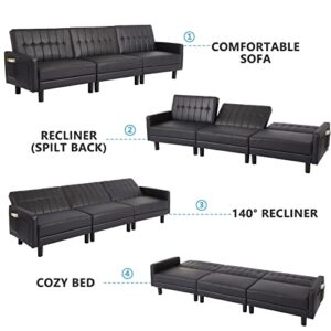 IPKIG 106" Futon Sofa Bed, Convertible Sleeper Sofa, 3-Seater Sofa Bed Couch, Faux Leather Split-Back Sofabed for Living Room Home Office Hotel with Adjustable Backrest and Side Pockets (Black)