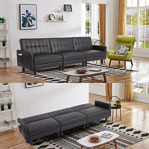 IPKIG 106" Futon Sofa Bed, Convertible Sleeper Sofa, 3-Seater Sofa Bed Couch, Faux Leather Split-Back Sofabed for Living Room Home Office Hotel with Adjustable Backrest and Side Pockets (Black)