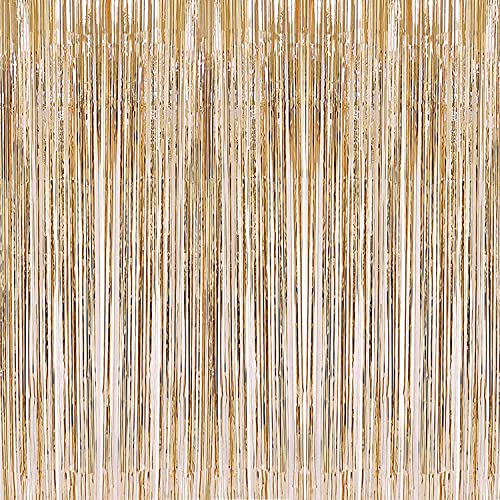 i-CHONY 2 Pcs 3.2ft x 8.2ft Champagne Gold Metallic Tinsel Foil Fringe Curtains Photo Booth Backdrop for Baby Shower Birthday Wedding Holiday Celebration Bachelorette Party Decorations