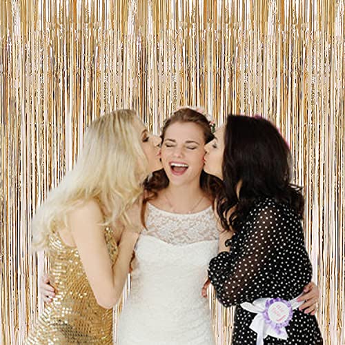 i-CHONY 2 Pcs 3.2ft x 8.2ft Champagne Gold Metallic Tinsel Foil Fringe Curtains Photo Booth Backdrop for Baby Shower Birthday Wedding Holiday Celebration Bachelorette Party Decorations