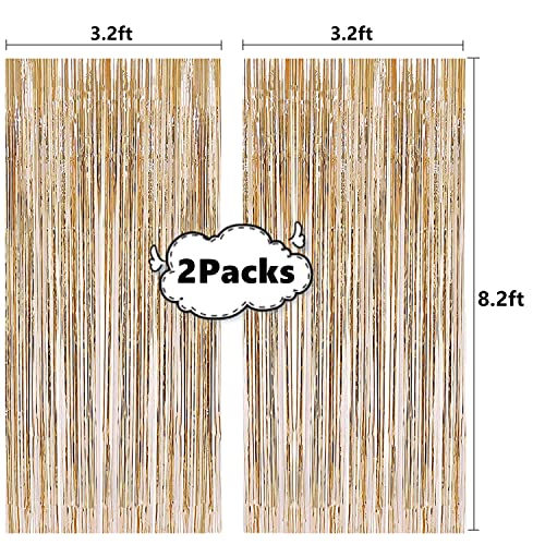 i-CHONY 2 Pcs 3.2ft x 8.2ft Champagne Gold Metallic Tinsel Foil Fringe Curtains Photo Booth Backdrop for Baby Shower Birthday Wedding Holiday Celebration Bachelorette Party Decorations