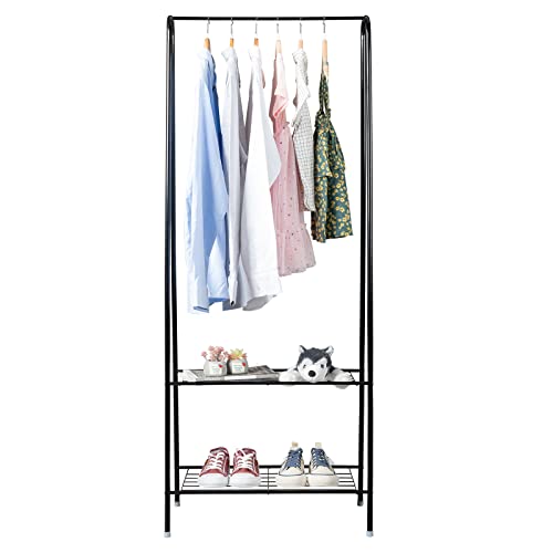 Ynredee Clothes Garment Rack,2-Tier Durable Shelf Garment Rack with Storage Shelves,Heavy Duty Clothing Rack for Bedroom, Metal Clothes Rack for Hanger Clothes (Black)