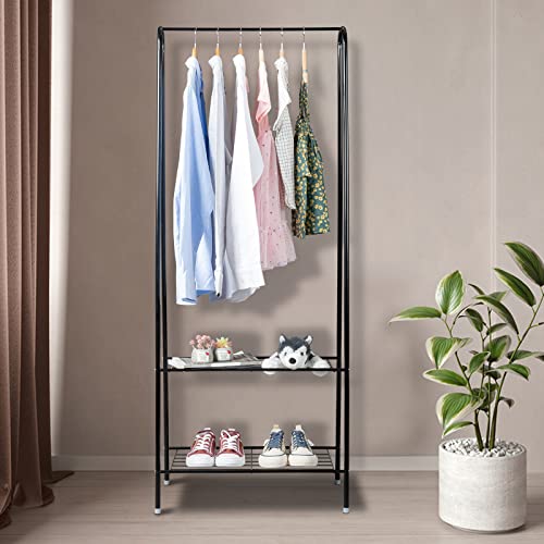 Ynredee Clothes Garment Rack,2-Tier Durable Shelf Garment Rack with Storage Shelves,Heavy Duty Clothing Rack for Bedroom, Metal Clothes Rack for Hanger Clothes (Black)