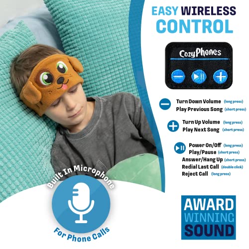 CozyPhones Kids Headphones, Headband Earphones for Children Baby & Toddlers 1-3, Stretchy & Comfy Travel Accessories - Wireless - Brown Puppy Dog