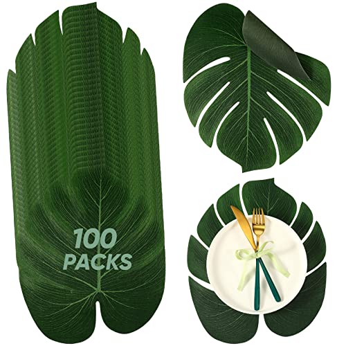 XunYee 100 Pcs Large Palm Leaves Artificial Monstera Leaf Decor Tropical Palm Leaves Placemats for Wedding Hawaiian Luau Party Jungle Safari Beach Table Decoration, 11.4 x 13.8 Inch