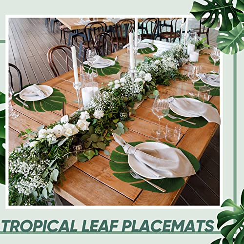 XunYee 100 Pcs Large Palm Leaves Artificial Monstera Leaf Decor Tropical Palm Leaves Placemats for Wedding Hawaiian Luau Party Jungle Safari Beach Table Decoration, 11.4 x 13.8 Inch