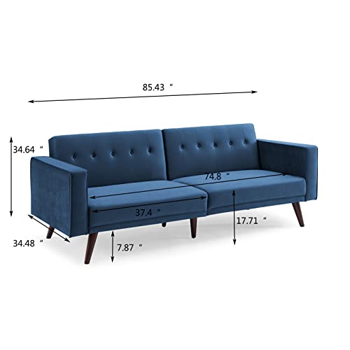 Hbaid 85.43" Velvet Sofa Bed, Convertible Sleeper Sofa with Tapered Wood Legs and Armrest, Modern Loveseat Couches for Living Room, Bedroom, Blue