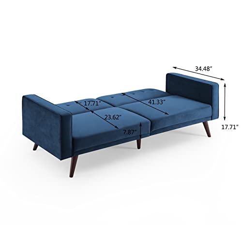 Hbaid 85.43" Velvet Sofa Bed, Convertible Sleeper Sofa with Tapered Wood Legs and Armrest, Modern Loveseat Couches for Living Room, Bedroom, Blue