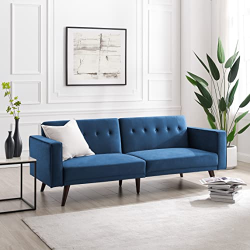 Hbaid 85.43" Velvet Sofa Bed, Convertible Sleeper Sofa with Tapered Wood Legs and Armrest, Modern Loveseat Couches for Living Room, Bedroom, Blue