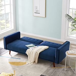 Hbaid 85.43" Velvet Sofa Bed, Convertible Sleeper Sofa with Tapered Wood Legs and Armrest, Modern Loveseat Couches for Living Room, Bedroom, Blue