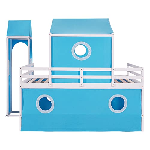 Merax Full Over Full House Bunk Bed, Kids Playhouse Bed, Solid Wood bunk Bed Frame with Slide Pink Tent and Tower, for Girls and Boys, Blue