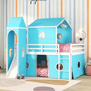 merax full over full house bunk bed, kids playhouse bed, solid wood bunk bed frame with slide pink tent and tower, for girls and boys, blue