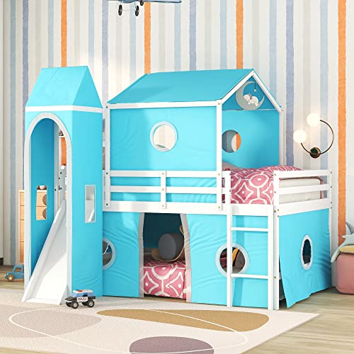 Merax Full Over Full House Bunk Bed, Kids Playhouse Bed, Solid Wood bunk Bed Frame with Slide Pink Tent and Tower, for Girls and Boys, Blue