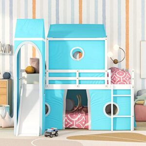 Merax Full Over Full House Bunk Bed, Kids Playhouse Bed, Solid Wood bunk Bed Frame with Slide Pink Tent and Tower, for Girls and Boys, Blue