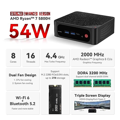 Beelink SER5 MAX Mini PC, AMD Ryzen 7 5800H (8C/16T, up to 4.4GHz, TDP 54W), 32GB DDR4 500GB M.2 NVMe SSD Vega 8 Graphics, Mini Desktop Computer 4K@60Hz Output/DP/HDMI/Type-C/WiFi 6/BT5.2/Gaming/Home