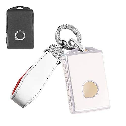 SANRILY Beige Soft TPU Sliver-Edge for Volvo Key Fob Cover XC90 XC60 S60 XC40 Accessories Keyless Full Covered Key Case Shell with Bling Leather Keychain