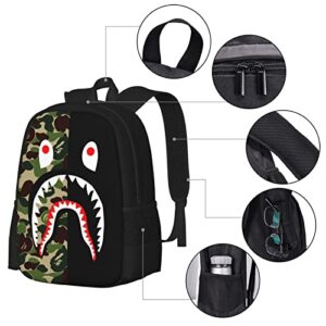 AKMASK 17inch Shark Backpack Green Camouflage 3D Print Laptop Backpack Lightweight Casual Daypack Bookbag