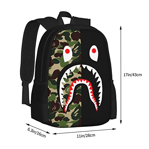 AKMASK 17inch Shark Backpack Green Camouflage 3D Print Laptop Backpack Lightweight Casual Daypack Bookbag