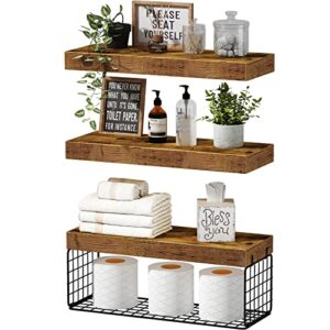 QEEIG Bathroom Shelves Over Toilet Wall Mounted Floating Shelves Farmhouse Shelf Toilet Paper Holder Small 16 inch Set of 3, Rustic Brown