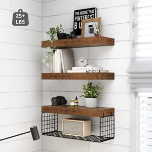 QEEIG Bathroom Shelves Over Toilet Wall Mounted Floating Shelves Farmhouse Shelf Toilet Paper Holder Small 16 inch Set of 3, Rustic Brown