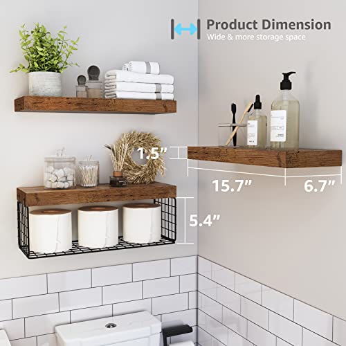 QEEIG Bathroom Shelves Over Toilet Wall Mounted Floating Shelves Farmhouse Shelf Toilet Paper Holder Small 16 inch Set of 3, Rustic Brown