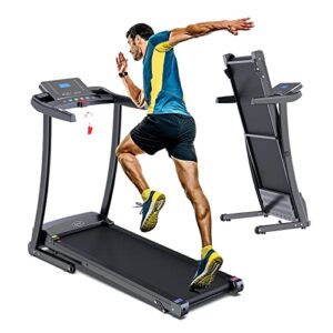 treadmill, folding treadmill with manual incline for walking & running, lcd display, built-in bluetooth speaker, heart-rate sensor, preset and adjustable programs