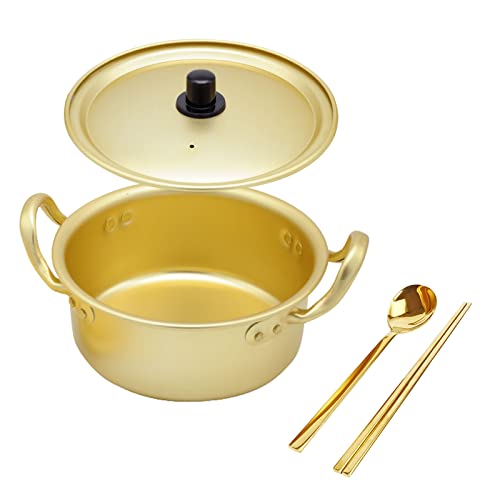 6.3in Korean Ramen Pot, Ramen Cooking Pot with Golden Spoons Chopsticks for Camping, Hiking, Home, Parties, Picnic