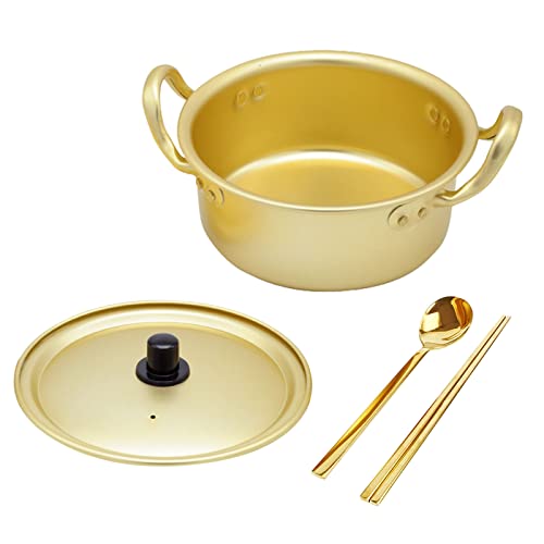 6.3in Korean Ramen Pot, Ramen Cooking Pot with Golden Spoons Chopsticks for Camping, Hiking, Home, Parties, Picnic