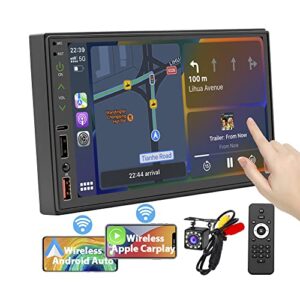 [upgrade] wireless carplay/android auto, 7 inch double din car stereo with lcd touchscreen, fm/am radio with bluetooth 5.1 handsfree, type-c charge, phone-link, hd whaterproof backup camera