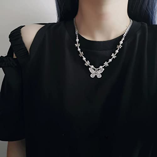 KURTCB Y2k Necklaces Accesories Grunge Cross Heart Butterfly Pearl Zinc Necklace Vintage Gothic Aesthetic Choker Necklace Set for Women Girls