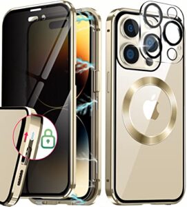 [cd loop+safety lock]magnetic case for iphone 14 pro max case,[privacy screen with camera lens][electroplating metal bumper]double sided 9h glass compatible with magsafe case for iphone 14 pro max