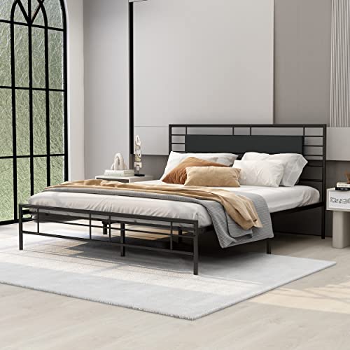 NNV Metal California King Size Platform Bed Frame with Headboard and Footboard Under Storage Steel Slat Size Mattress Foundation Black