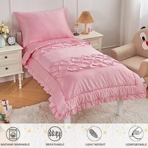 4 Piece Pinch Pleat Toddler Bedding Set for Girls Pink Ruffle Satin Bed Sheets Set Solid Color Pintuck Crib Bed Comforter Set for Baby Kids | Include Comforter, Flat Sheet, Fitted Sheet, Pillowcase