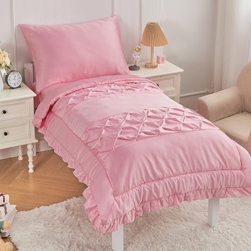 4 Piece Pinch Pleat Toddler Bedding Set for Girls Pink Ruffle Satin Bed Sheets Set Solid Color Pintuck Crib Bed Comforter Set for Baby Kids | Include Comforter, Flat Sheet, Fitted Sheet, Pillowcase