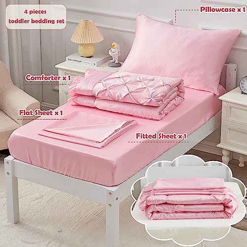 4 Piece Pinch Pleat Toddler Bedding Set for Girls Pink Ruffle Satin Bed Sheets Set Solid Color Pintuck Crib Bed Comforter Set for Baby Kids | Include Comforter, Flat Sheet, Fitted Sheet, Pillowcase