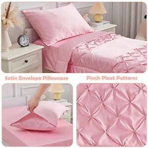 4 Piece Pinch Pleat Toddler Bedding Set for Girls Pink Ruffle Satin Bed Sheets Set Solid Color Pintuck Crib Bed Comforter Set for Baby Kids | Include Comforter, Flat Sheet, Fitted Sheet, Pillowcase