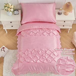 4 Piece Pinch Pleat Toddler Bedding Set for Girls Pink Ruffle Satin Bed Sheets Set Solid Color Pintuck Crib Bed Comforter Set for Baby Kids | Include Comforter, Flat Sheet, Fitted Sheet, Pillowcase