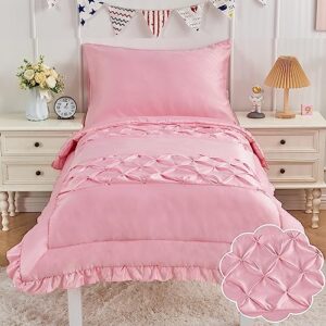 4 Piece Pinch Pleat Toddler Bedding Set for Girls Pink Ruffle Satin Bed Sheets Set Solid Color Pintuck Crib Bed Comforter Set for Baby Kids | Include Comforter, Flat Sheet, Fitted Sheet, Pillowcase