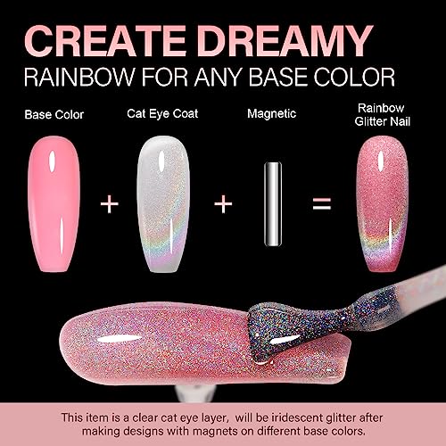 AILLSA Cat Eye Gel Nail Polish Rainbow Glitter Gel Top Coat Nail Polish Reflective Clear Shimmer Gel Polish Iridescent Sparkly Holographic Magnetic Gel Polish for Nail Art at Home 0.51 Fl Oz /GA17