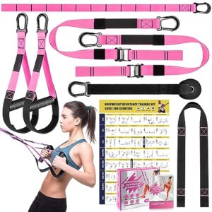 home resistance training kit, pink resistance trainer exercise straps with handles, door anchor and carrying bag for home gym, bodyweight resistance workout straps for indoor & outdoor