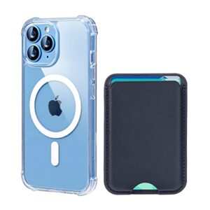 dlinda 2-in-1 iphone 14 pro case magnetic clear with magnetic leather wallet card holder, magsafe wallet case cover, yellow resistant &mil-grade drop tested, compatible with magsafe -6.1'', blue