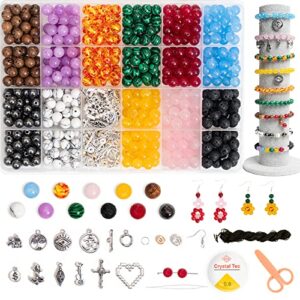 PAVA 440Pcs Crystal Beads for Bracelet Making Kit, 8mm Gemstone Beads Jewelry Making,Round Natural Stone Beads with Spacer Beads and Pendant Charms for DIY Jewelry Bracelets and Necklace Making