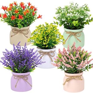 cewor small fake plants - 5 pack artificial potted flowers faux greenery plants, eucalyptus boxwood lavender in plastic macaron pots bonsai for home office shelf desktop indoor outdoor wedding decor