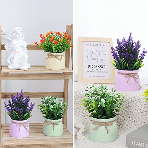 CEWOR Small Fake Plants - 5 Pack Artificial Potted Flowers Faux Greenery Plants, Eucalyptus Boxwood Lavender in Plastic Macaron Pots Bonsai for Home Office Shelf Desktop Indoor Outdoor Wedding Decor