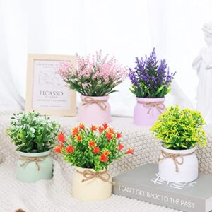 CEWOR Small Fake Plants - 5 Pack Artificial Potted Flowers Faux Greenery Plants, Eucalyptus Boxwood Lavender in Plastic Macaron Pots Bonsai for Home Office Shelf Desktop Indoor Outdoor Wedding Decor