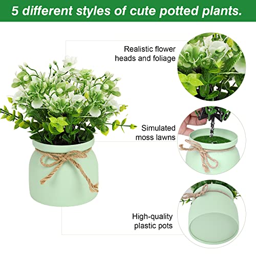 CEWOR Small Fake Plants - 5 Pack Artificial Potted Flowers Faux Greenery Plants, Eucalyptus Boxwood Lavender in Plastic Macaron Pots Bonsai for Home Office Shelf Desktop Indoor Outdoor Wedding Decor