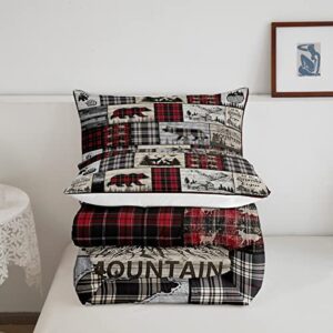 Rustic Cabin Comforter Set Twin Woodland Wolf Deer Bear Comforter For Kids Adults,Red Black Buffalo Plaid Bedding Set Wildlife Camping Lodge Mountain Quilt Bedding Southwestern Farmhouse Decor